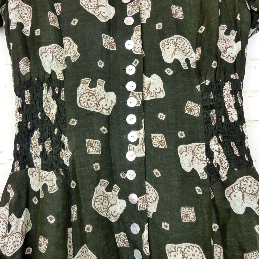Betty Barclay Dress Womens 38 Green Ethnic Elephant Print Linen Blend Button VTG - Picture 5 of 15